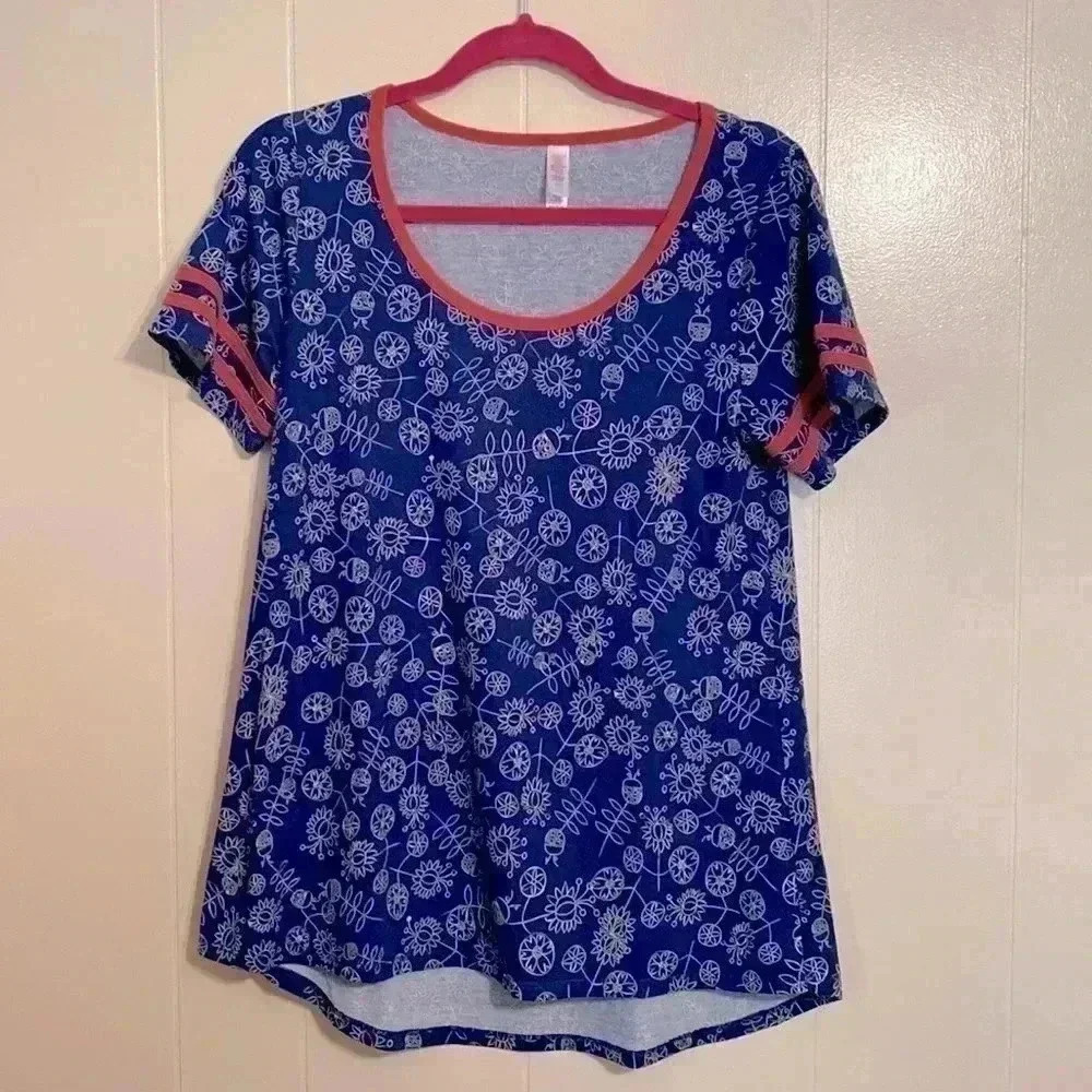 LuLaRoe Simply Comfortable Blue with Orange Trim Short Sleeve Shirt size Small